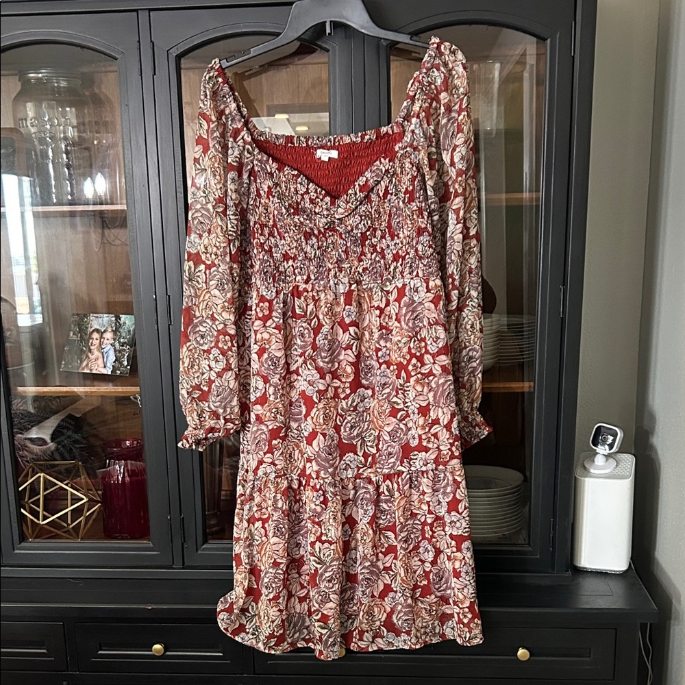 Maurices Red and Cream Floral Long Sleeve Dress